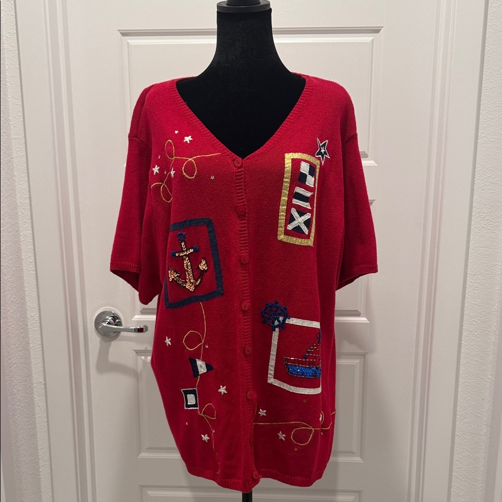 Susan Graver Red Nautical Cardigan